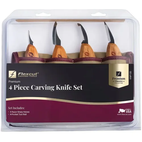 Flexcut KNP100 Premium 4 Piece Carving Knife Set with Cherry Wood Handles and Tool Roll
