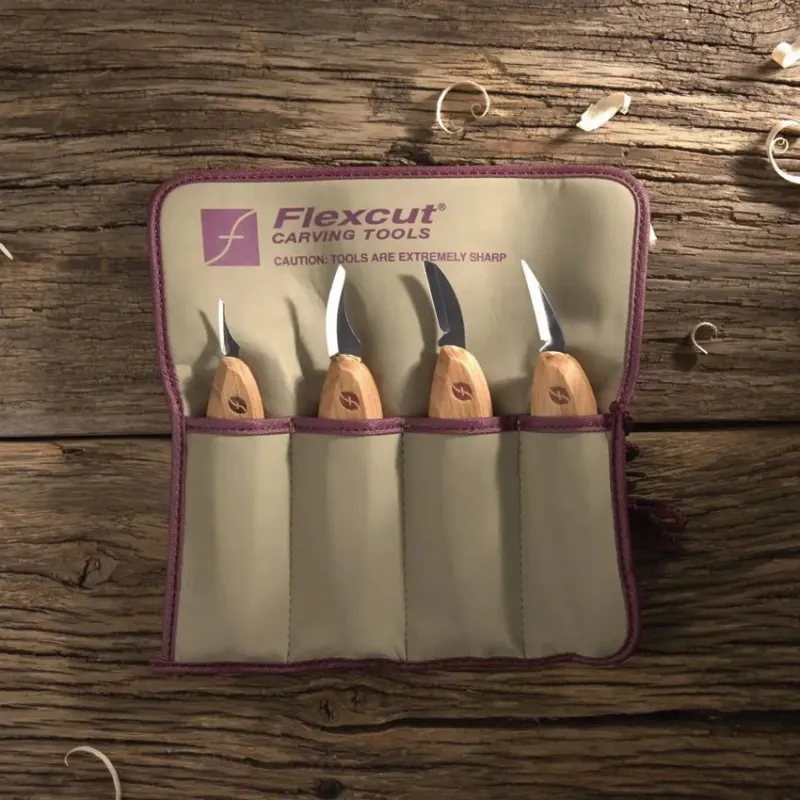 Flexcut KNP100 Premium 4 Piece Carving Knife Set with Cherry Wood Handles and Tool Roll Cyclaire Knives and Tools