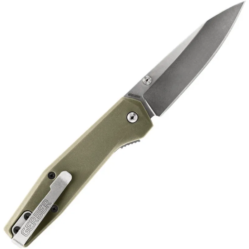 Gerber Fuse Folding Knife 3.37" Stonewashed Drop Point Plain Blade, Flat Sage Green GRN Handles Cyclaire Knives and Tools