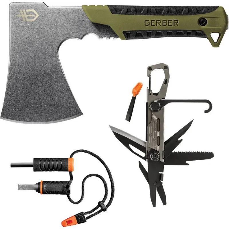 Gerber 3 Piece Camp Kit Gift Set - Pack Hatchet Stakeout MultiTool and Fire Starter Cyclaire Knives and Tools