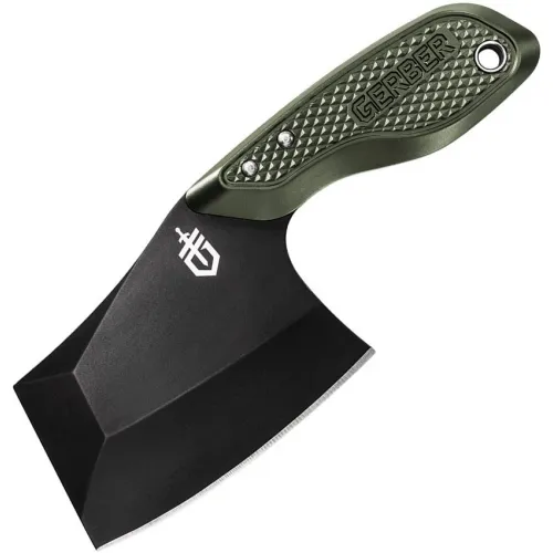 Gerber Tri-Tip Mini Cleaver - 3" Black 7Cr17MoV Blade Green Checkered Aluminum Handle Black Belt Sheath