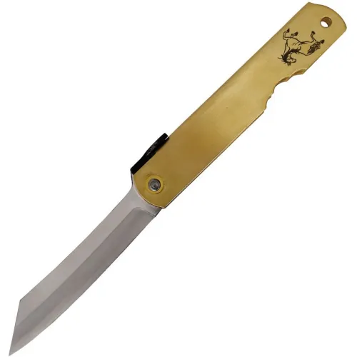Higonokami Japanese Warikomi Folding Knife with Horse Engraved Handle - 3.25" Blue Paper Steel Blade