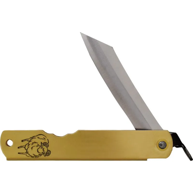 Higonokami Japanese Warikomi Folding Knife with Sheep Engraved Handle - 3.25" Blue Paper Steel Blade Cyclaire Knives and Tools