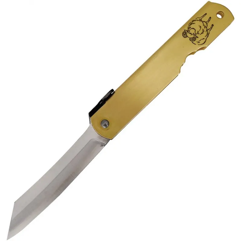 Higonokami Japanese Warikomi Folding Knife with Sheep Engraved Handle - 3.25" Blue Paper Steel Blade Cyclaire Knives and Tools