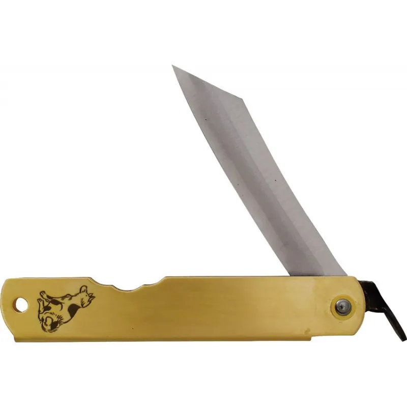 Higonokami Japanese Warikomi Folding Knife with Dog Engraved Handle - 3.25" Blue Paper Steel Blade Cyclaire Knives and Tools