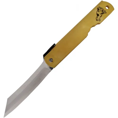 Higonokami Japanese Warikomi Folding Knife with Dog Engraved Handle - 3.25" Blue Paper Steel Blade