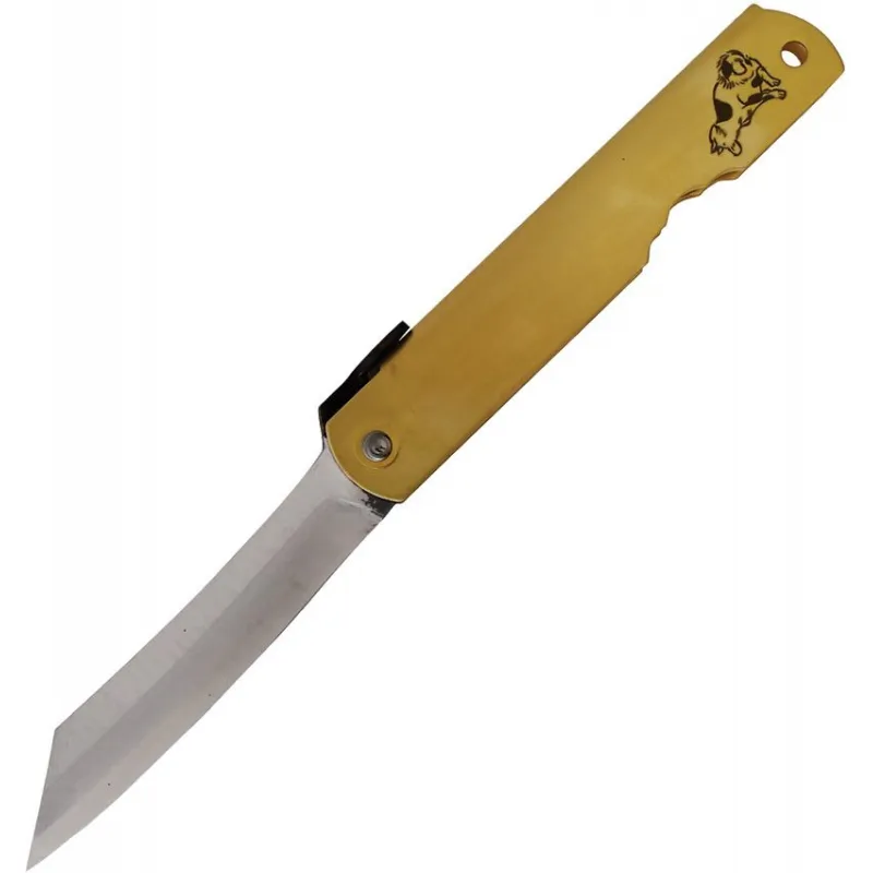 Higonokami Japanese Warikomi Folding Knife with Dog Engraved Handle - 3.25" Blue Paper Steel Blade Cyclaire Knives and Tools