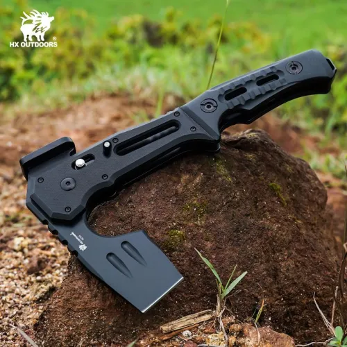 HX Outdoors Falcilux Folding Bushcraft and Camping Hatchet - DC53 Steel Black G10 Handle
