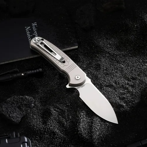 HX Outdoors Rock Sapphire Button Lock - 2.4" 14C28N Stainless Steed Blade Silver Titanium Handle