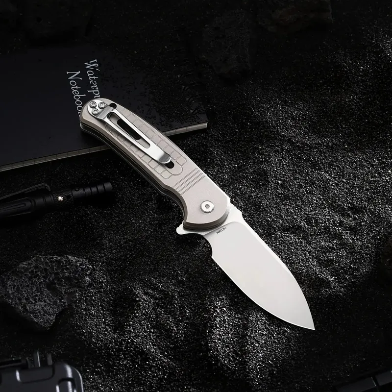HX Outdoors Rock Sapphire Button Lock - 2.4" 14C28N Stainless Steed Blade Silver Titanium Handle Cyclaire Knives and Tools
