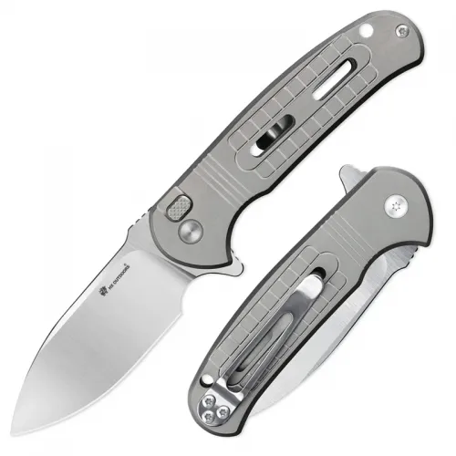 HX Outdoors Rock Sapphire Button Lock - 2.4" 14C28N Stainless Steed Blade Silver Titanium Handle