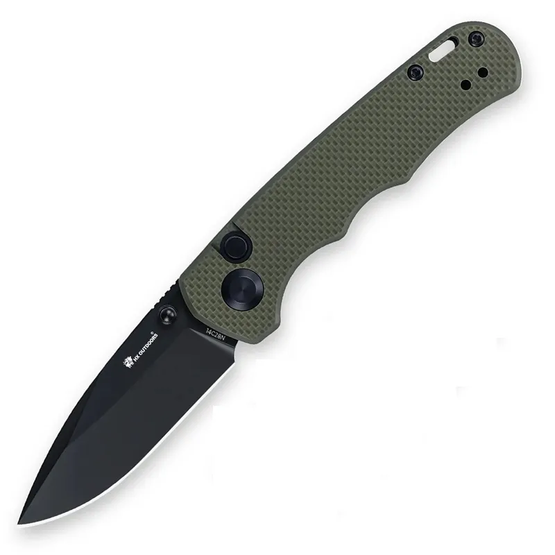 HX Outdoors Scout Button Lock Folding Knife - 2.68" 14C28N Black Blade Military Green G10 Handle Cyclaire Knives and Tools