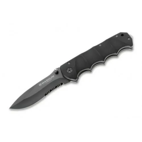 Boker Magnum Black Spear Pocket Knife - 3.93" Part Serrated Black Blade Aluminum Handle