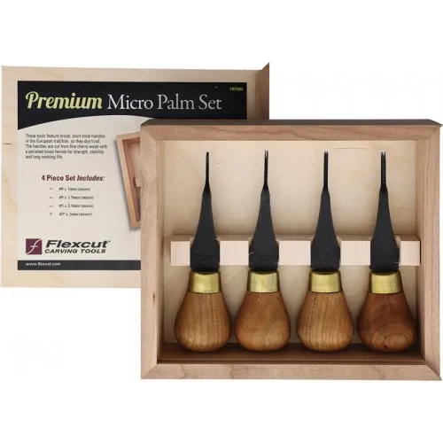 Flexcut FRP804 4 Piece Premium Micro Palm Carving Tool Set with Wooden Storage Box