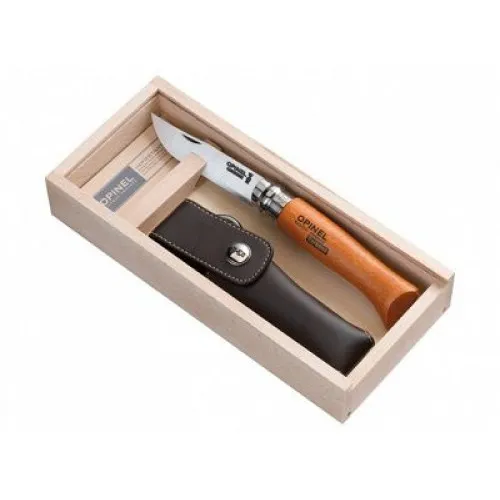 Opinel No.8 Carbon Steel Pocket Knife with Leather Sheath Gift Set - 3.35" Blade Beechwood Handle