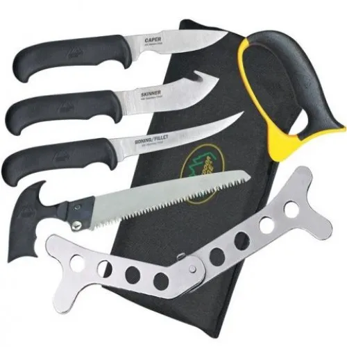 Outdoor Edge Butcher Lite 8-Piece Meat Butcher Kit, Nylon Roll-Pack with Belt Scabbard