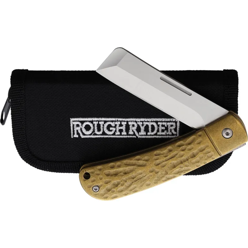 Rough Ryder APTA Folder Brass UK EDC Pocket Chisel Knife - 2.75" Satin Finish Blade, Hammered Brass Handle Cyclaire Knives and Tools