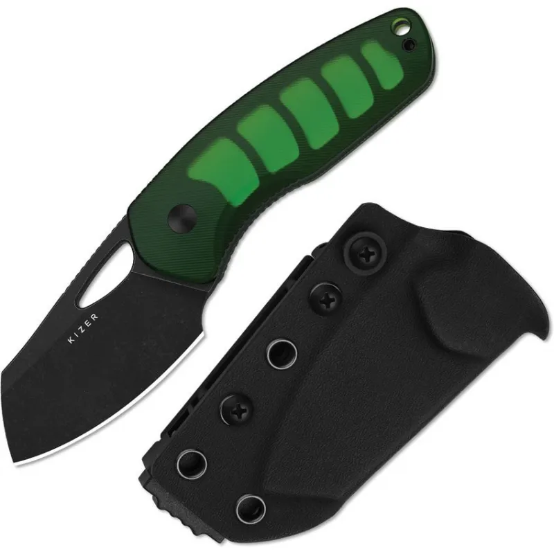 Kizer Hornet Fixed Blade Knife - 2.5" Black PVD Coated 12C27 Steel Sheepsfoot Blade Green Acrylic Handle Cyclaire Knives and Tools
