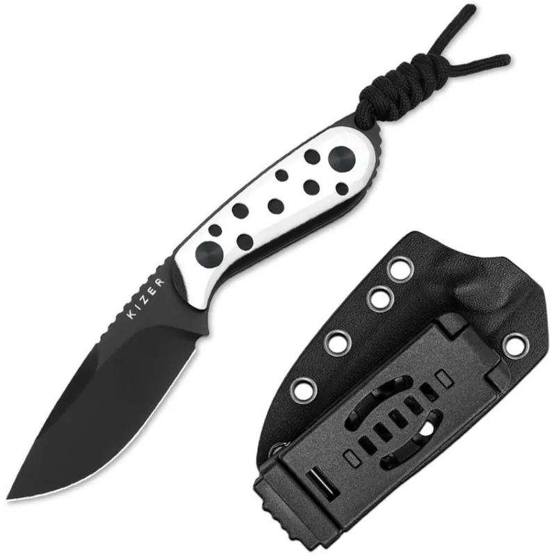 Kizer Buddy Fixed Blade Knife - 3" Nitro-V DP Blade Black and White G10 Handle Cyclaire Knives and Tools
