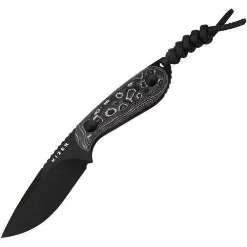 Kizer Buddy Fixed Blade Knife - 3" Black DLC Coated M390 Stainless Steel Blade Whtie Storm CF Handle