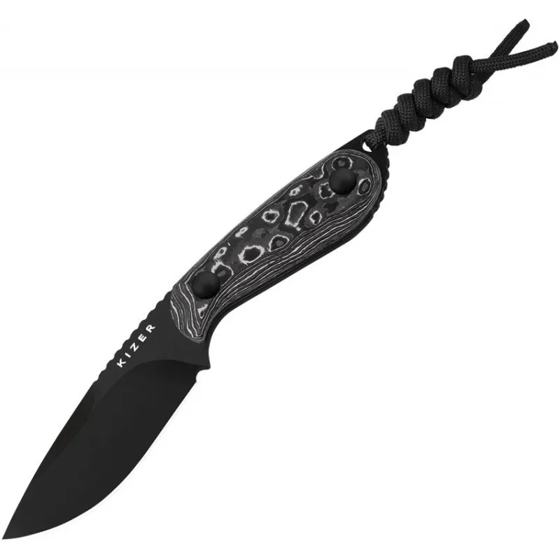 Kizer Buddy Fixed Blade Knife - 3" Black DLC Coated M390 Stainless Steel Blade Whtie Storm CF Handle Cyclaire Knives and Tools