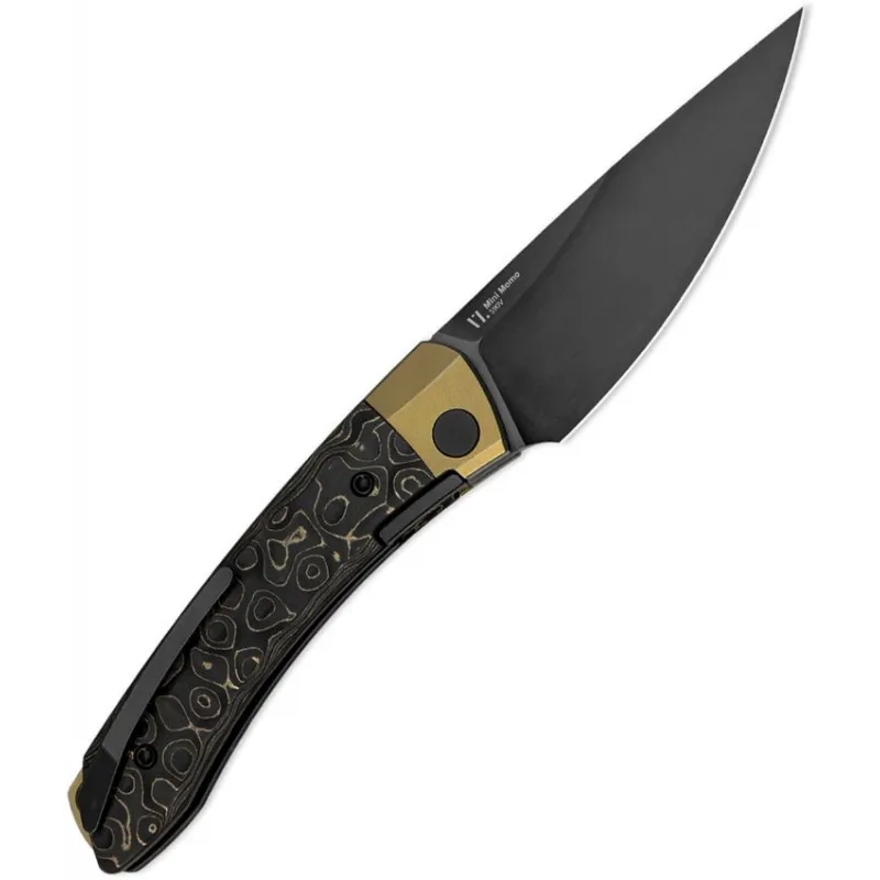 Kizer Mini Momo Folding Knife - 3.2" Black DLC Coated S90V Blade Gold Dark Matter CF Handle Cyclaire Knives and Tools