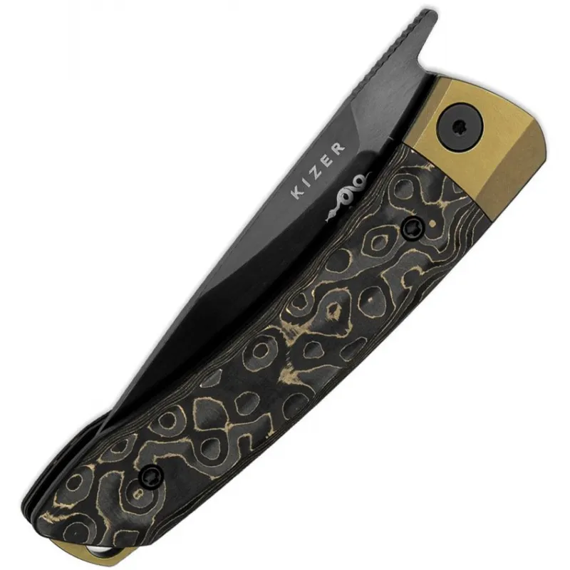Kizer Mini Momo Folding Knife - 3.2" Black DLC Coated S90V Blade Gold Dark Matter CF Handle Cyclaire Knives and Tools