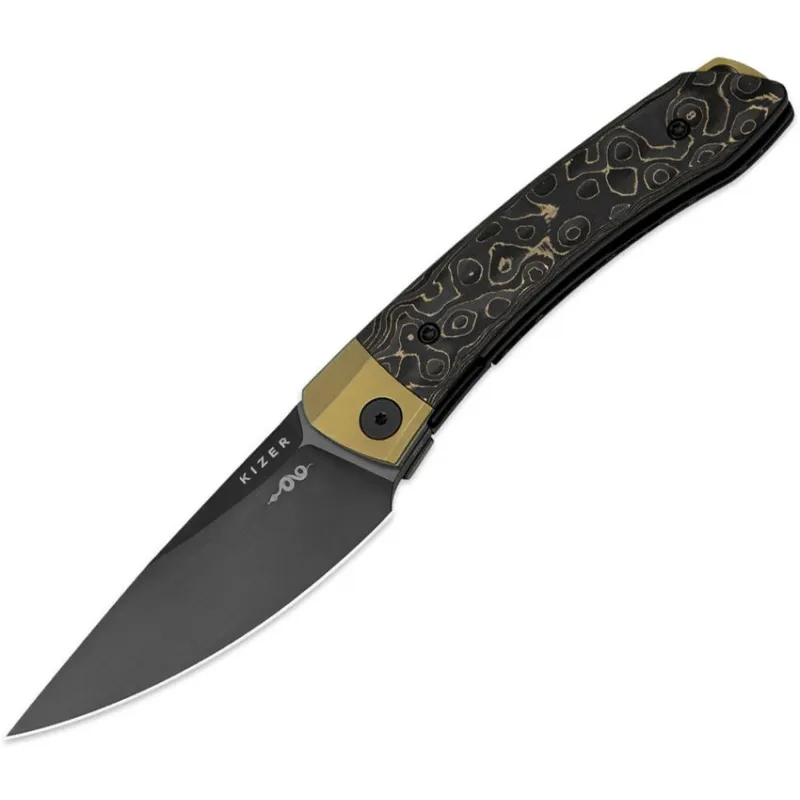 Kizer Mini Momo Folding Knife - 3.2" Black DLC Coated S90V Blade Gold Dark Matter CF Handle Cyclaire Knives and Tools