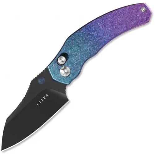 Kizer Mini Bulldog Folding Knife - 2.5" Black DLC Coated Nitro-V Sheepsfoot Blade Blue and Purple Titanium Handle