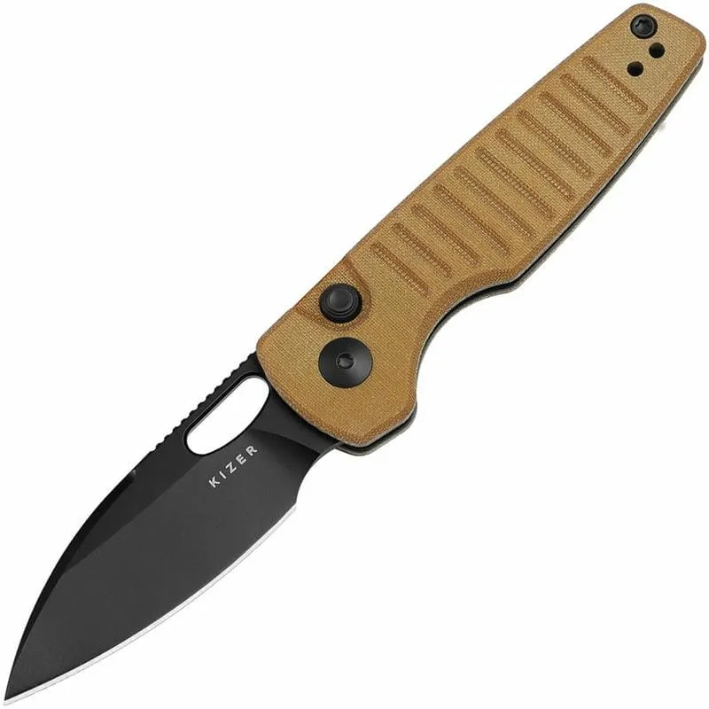 Kizer Parakeet Folding Knife - 2.46" Nitro-V Black DP Blade Brown Micarta Handle Cyclaire Knives and Tools