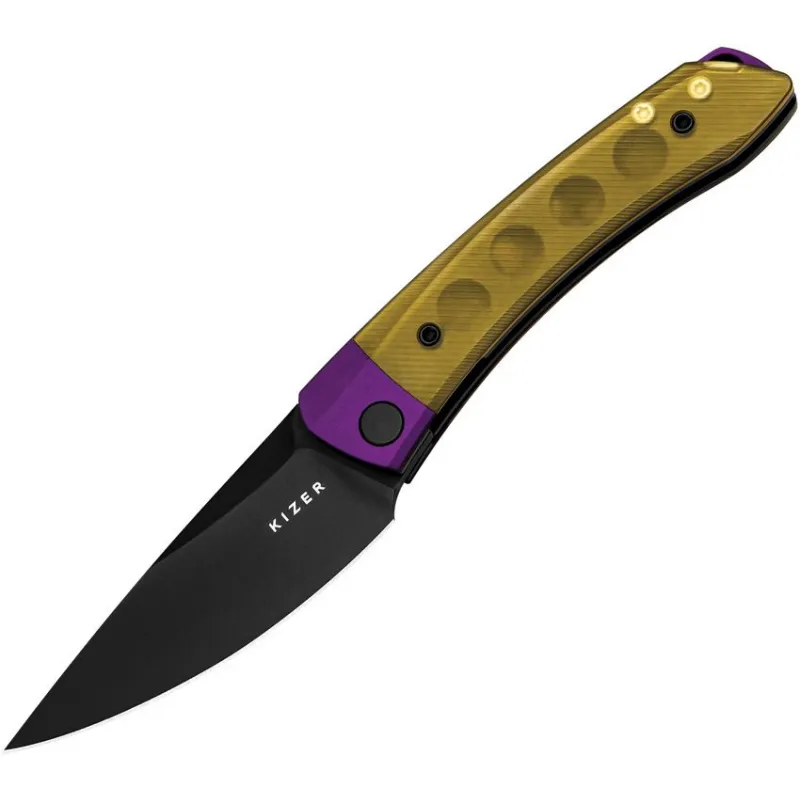Kizer Mini Momo Folding Knife - 3.2" Nitro-V DP Blade Ultem Handles with Purple Aluminum Bolsters Cyclaire Knives and Tools