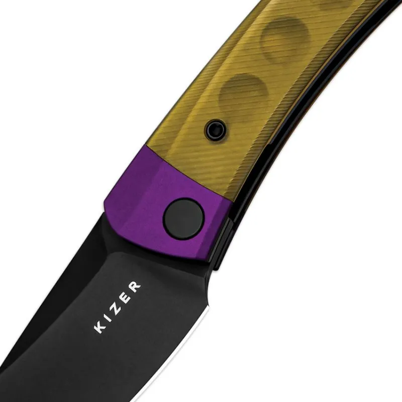 Kizer Mini Momo Folding Knife - 3.2" Nitro-V DP Blade Ultem Handles with Purple Aluminum Bolsters Cyclaire Knives and Tools