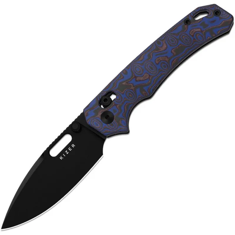 Kizer Outposter Folding Knife - 3.25" Black PVD Nitro-V Blade Blue and Brown Micarta Handle Cyclaire Knives and Tools