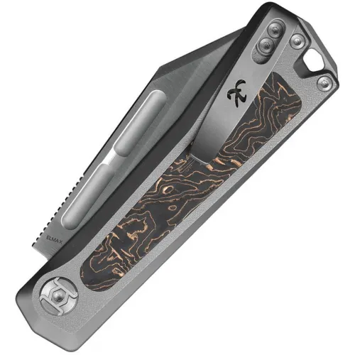 Kunwu Geezer Folding Knife - 3.22" Elmax CP Blade Gray Titanium Handle Copper Foil Carbon Fiber Inlays