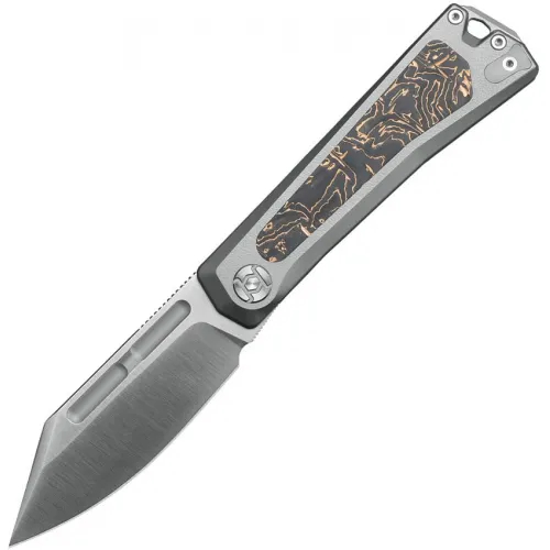 Kunwu Geezer Folding Knife - 3.22" Elmax CP Blade Gray Titanium Handle Copper Foil Carbon Fiber Inlays