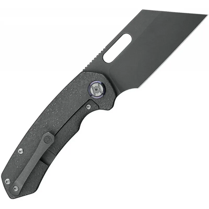 Kunwu Primo Framelock Folding Knife - 3.25" Grey Vancron Steel Cleaver Blade Raindrop Titanium Handle Cyclaire Knives and Tools