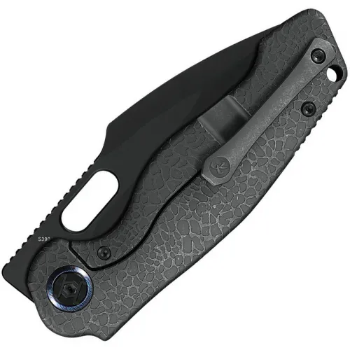 Kunwu Knives Gringo Folding Knife - 3.66" S390 Black Stonewashed DLC Harpoon Blade Stonewashed Honey Dew Textured Titanium Handle