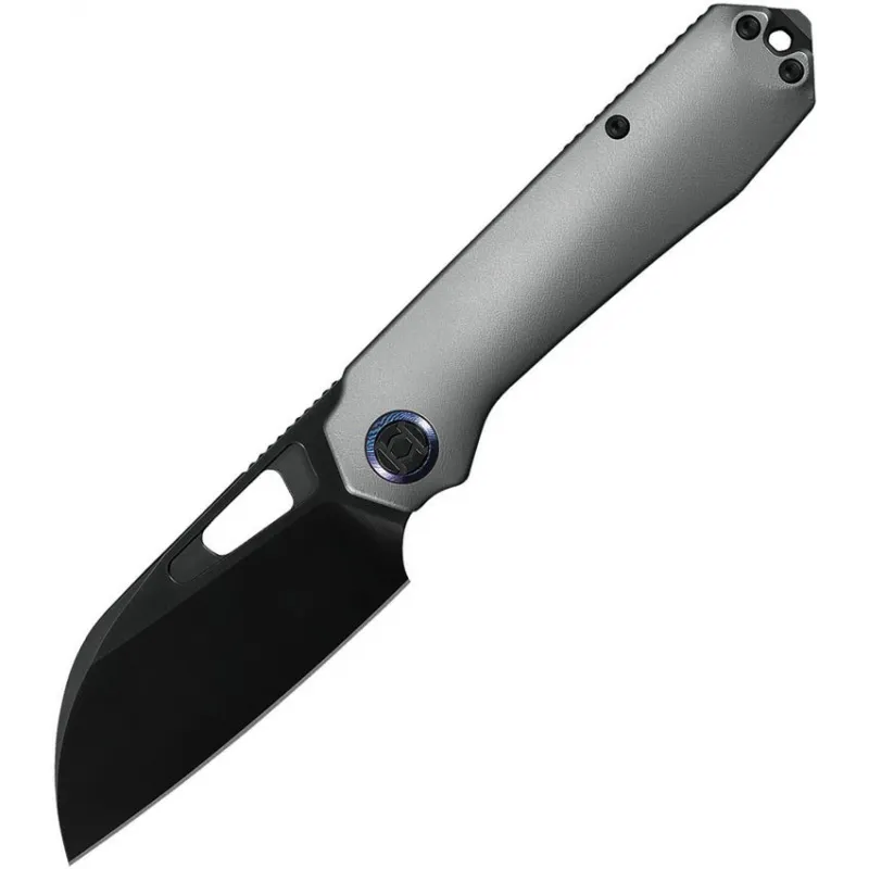 Kunwu Diablo Framelock Folding Knife - 3.5" Black DLC Vanex Sheepsfoot Blade Grey Orange Peel Texture Titanium Handle Cyclaire Knives and Tools