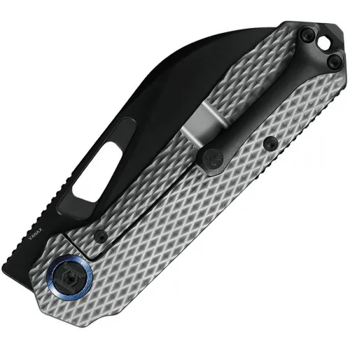 Kunwu Diablo Framelock Folding Knife - 3.5" Black DLC Vanex Sheepsfoot Blade Grey Diamond Texture Titanium Handle