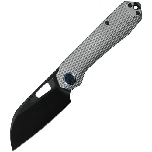 Kunwu Diablo Framelock Folding Knife - 3.5" Black DLC Vanex Sheepsfoot Blade Grey Diamond Texture Titanium Handle