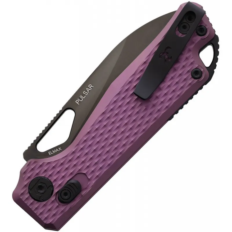 Kunwu Pulsar XT Lock Folding Knife - 3.25" Black DLC Coated Elmax Blade Purple Textured Titanium Handle Cyclaire Knives and Tools