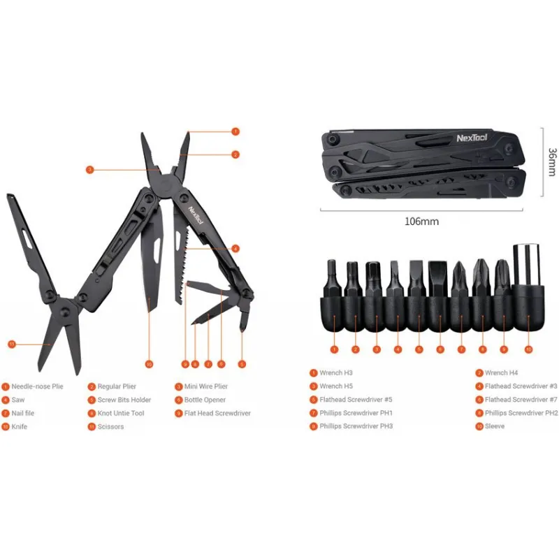 NexTool Black Knight 11-in-1 Multi-Tool with Bit Set Black Stainless Steel Handle Cyclaire Knives and Tools