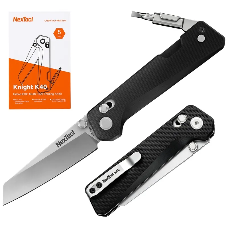 NexTool Knight K40 Folding Knife with 4mm Bit Driver – 3" Sandvik 14C28N Blade Black G10 Handle Cyclaire Knives and Tools