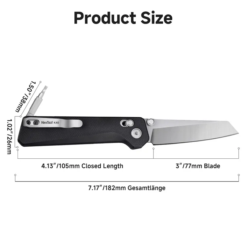 NexTool Knight K40 Folding Knife with 4mm Bit Driver – 3" Sandvik 14C28N Blade Black G10 Handle Cyclaire Knives and Tools