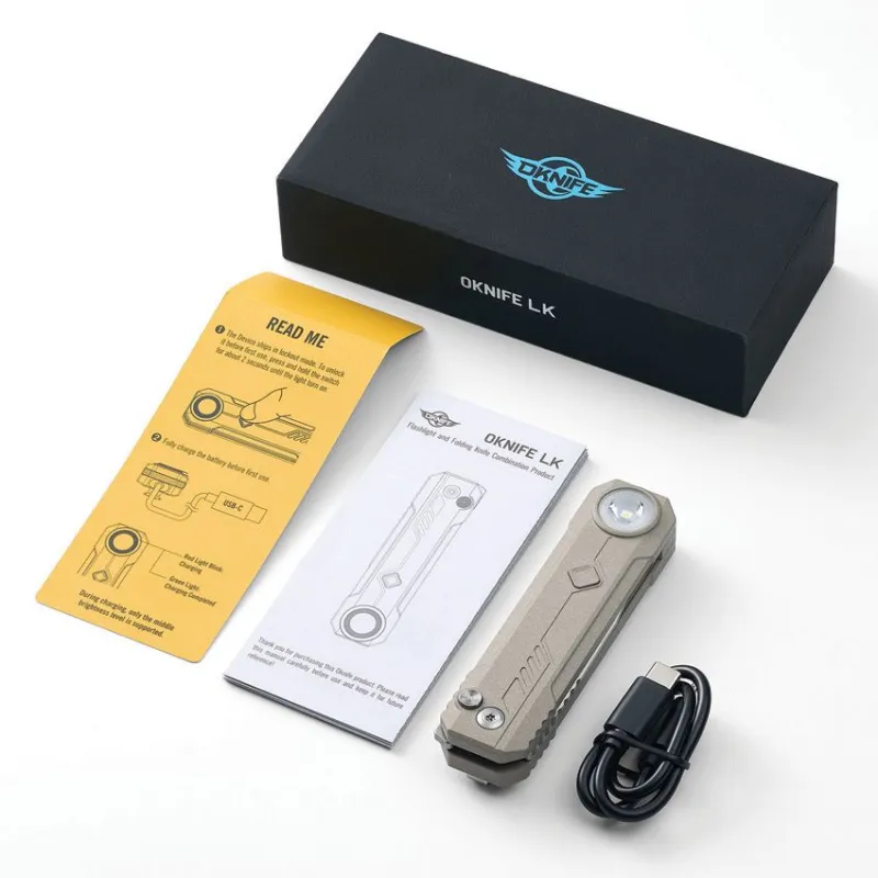 OKnife LK Button Lock Folding Knife with Integrated Rechargeable 400 Lumen White Torch - 2.5" M390 Blade Cyclaire Knives and Tools