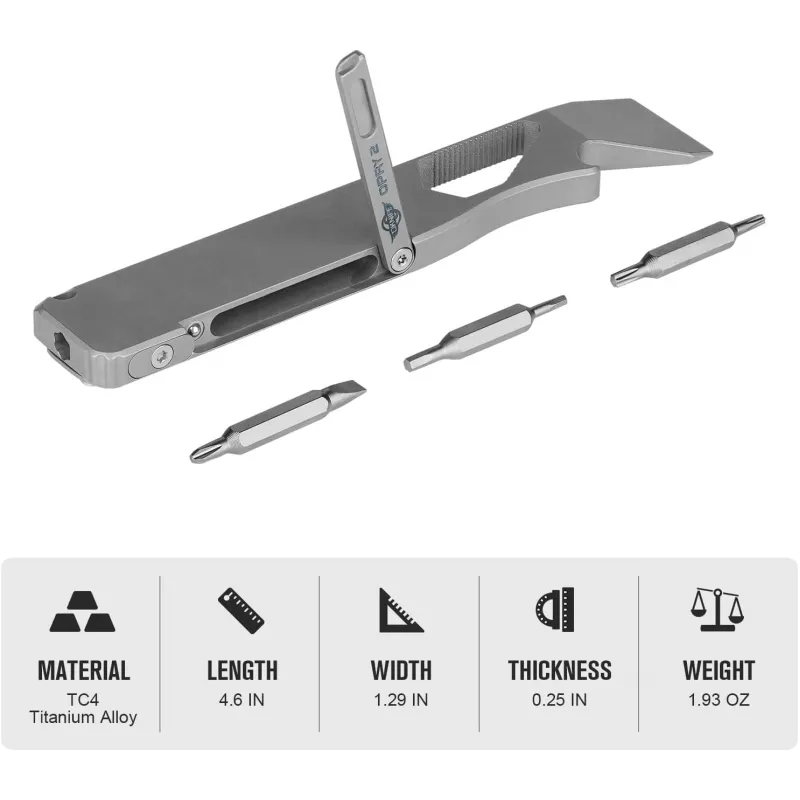 Oknife O-Pry 2 Multi-Tool Titanium - Pry, Screwdriver, 6 Sizes of Bits, Bottle Opener and More Cyclaire Knives and Tools