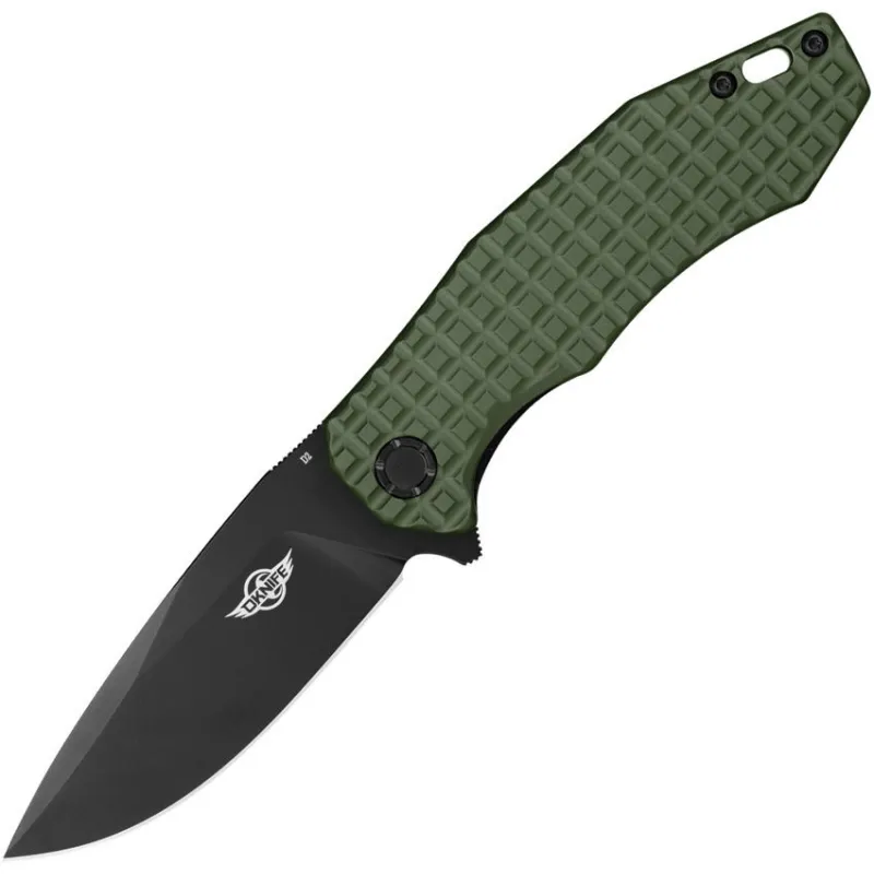 OKnife Spurdog Linerlock Folding Knife - 2.88" Black D2 Steel Blade OD Green Frag Pattern Aluminum Handle Cyclaire Knives and Tools