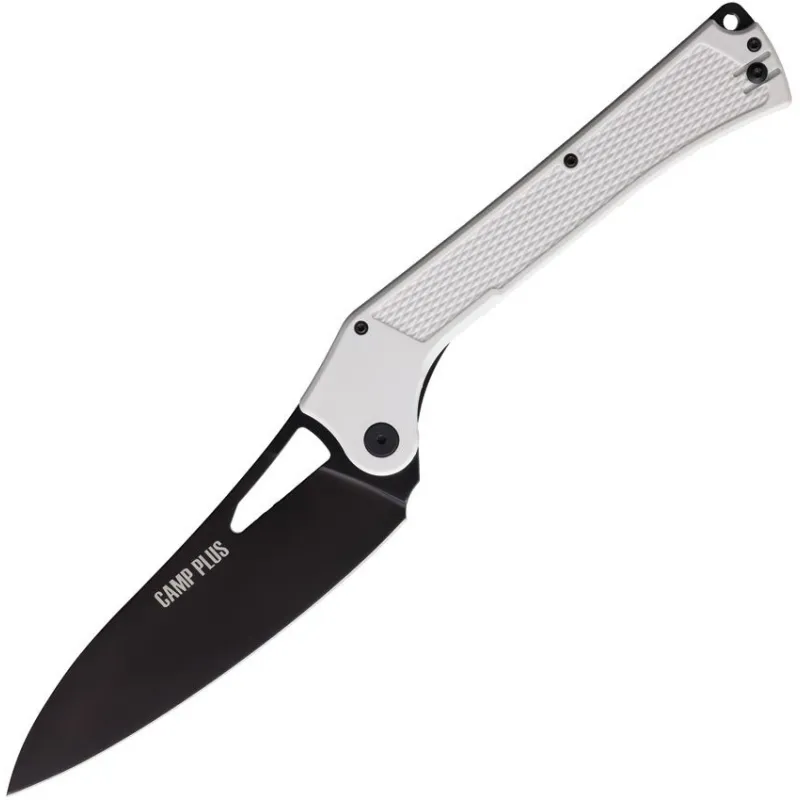Ontario Camp Plus Folding Knife - 5.5" Black Powder Coated Cleaver Blade White Handle Cyclaire Knives and Tools