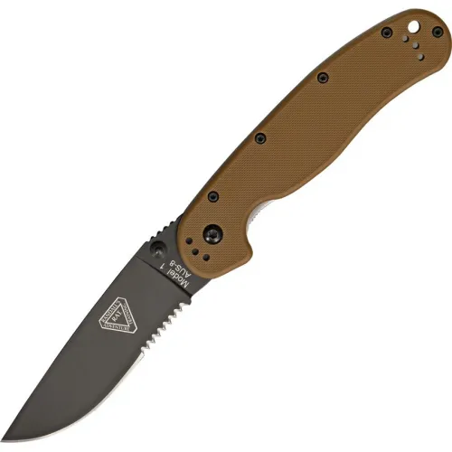 Ontario RAT Model 1 Folding Knife - 3.6" AUS-8 Part Serrated Blade Coyote Brown Handle 