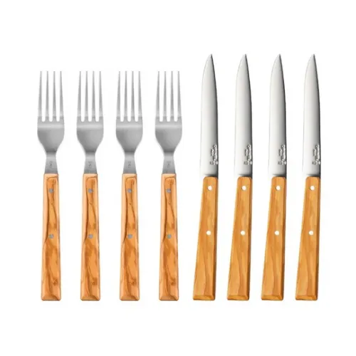 Opinel La Table au Soleil Premium Knife and Fork Set - 4 Olive Wood Forks and 4 Olive Wood Knives